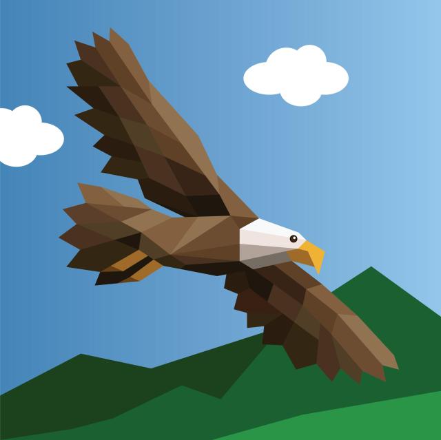 Illustration of a bald eagle flying against a blue sky with white clouds and green landscape.