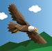 Illustration of a bald eagle flying against a blue sky with white clouds and green landscape.