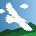White dove with open wings against a blue sky and green landscape