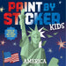 Book cover of 'Paint by Sticker Kids America' with Statue of Liberty and American flag on a blue background.