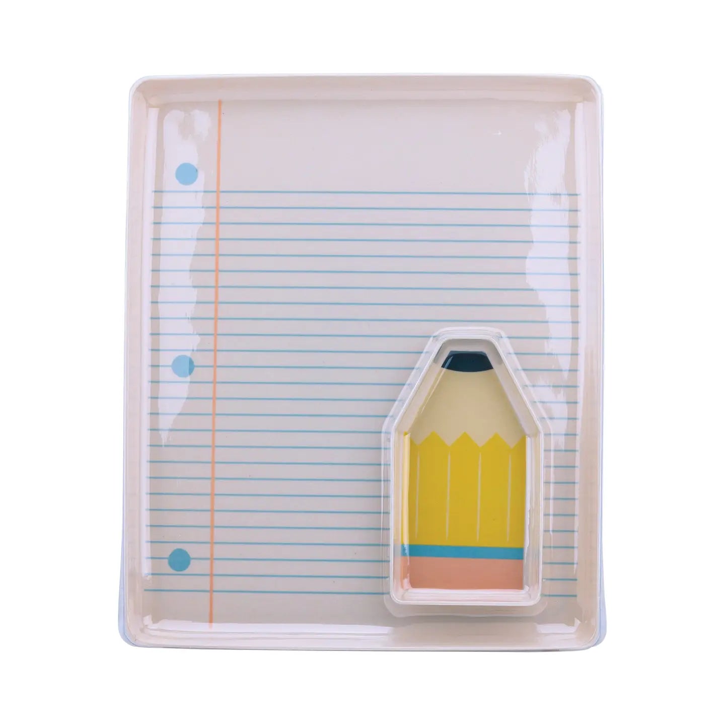 Tray with a colorful pencil-shaped smaller tray on a white background