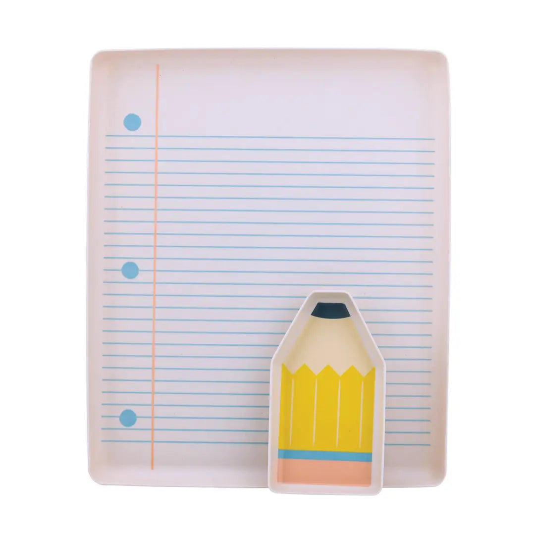 Tray with lined paper and a colorful pencil-shaped smaller tray on a white background
