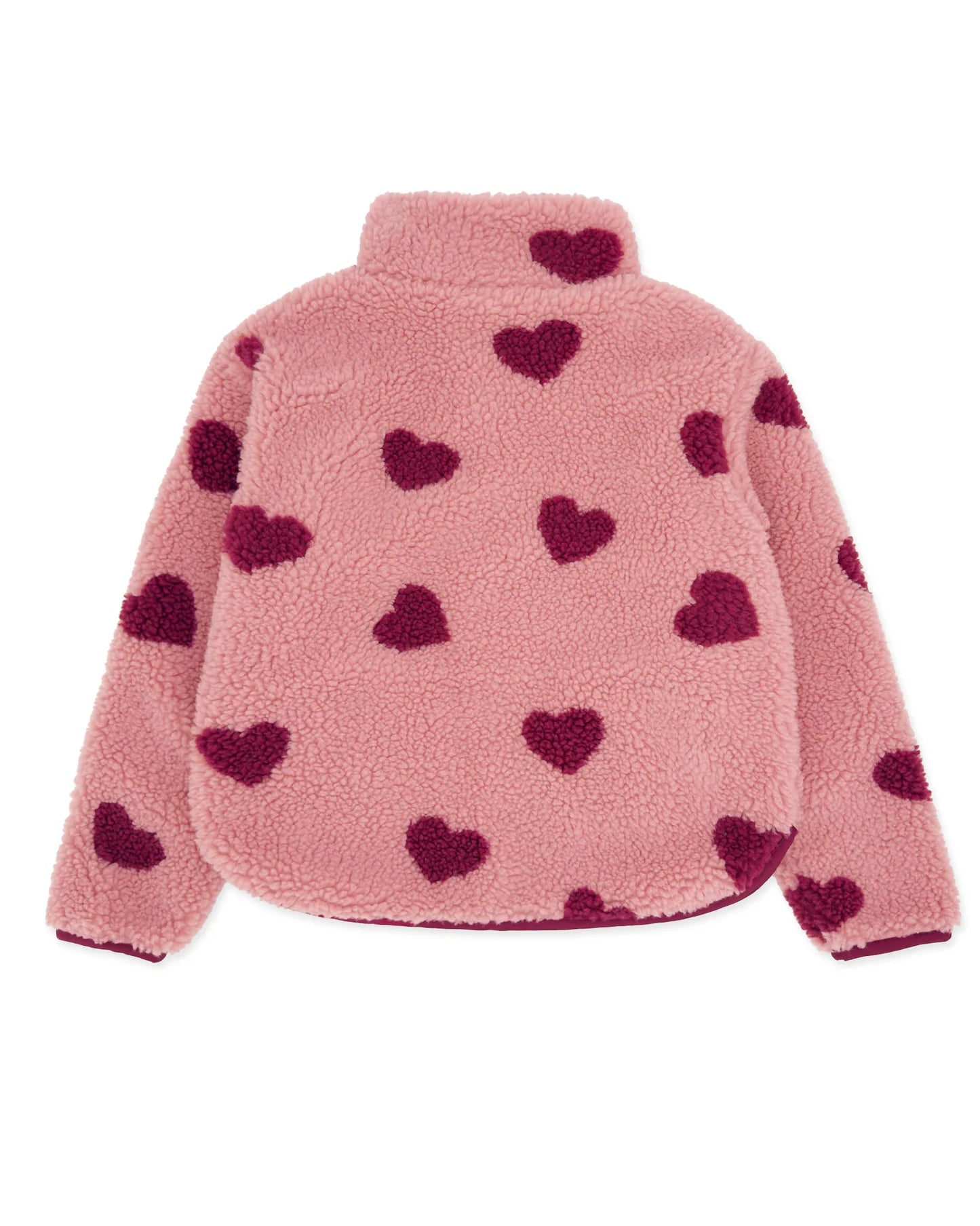 A pink sherpa fleece jacket with a mock neck and an allover pattern of dark magenta hearts, shown against a plain white background.