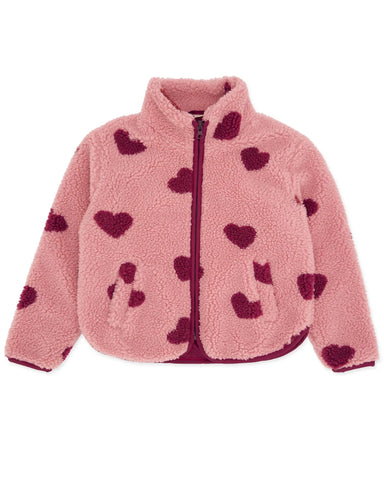 A pink sherpa jacket that has a front zipper with dark pink hearts
