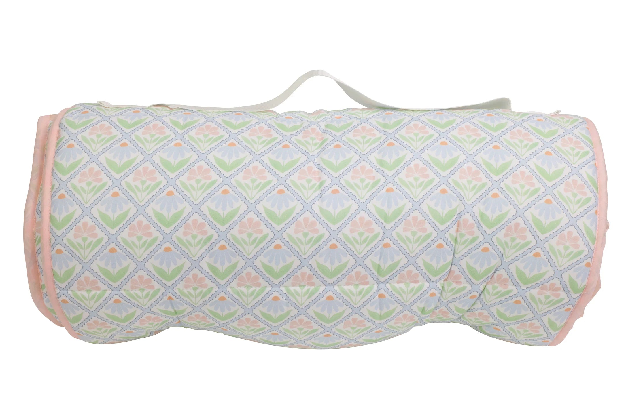 Roll-up nap mat with pastel floral pattern on a white background