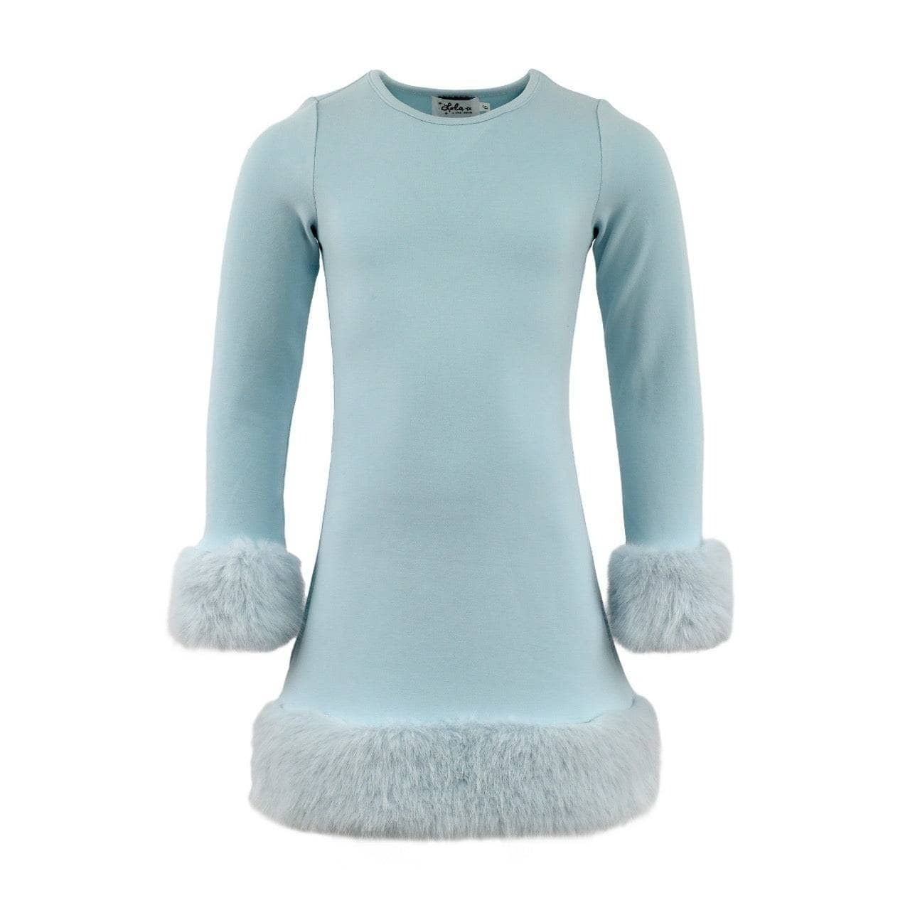 A light blue long-sleeve knit dress with fluffy faux-fur trim at the cuffs and hem, shown against a plain white background.
