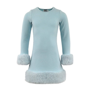 A light blue long-sleeve knit dress with fluffy faux-fur trim at the cuffs and hem, shown against a plain white background.