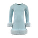 A light blue long-sleeve knit dress with fluffy faux-fur trim at the cuffs and hem, shown against a plain white background.
