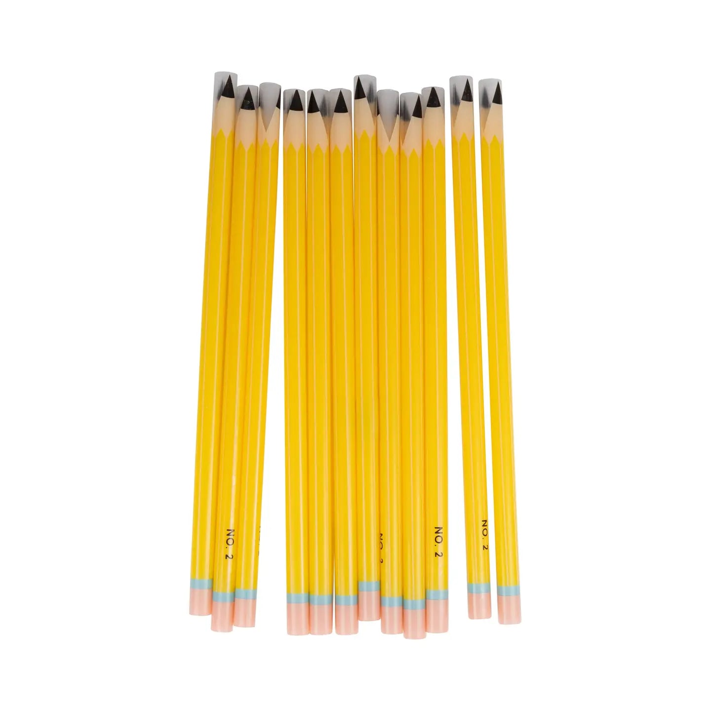Set of yellow pencils with black caps on a white background
