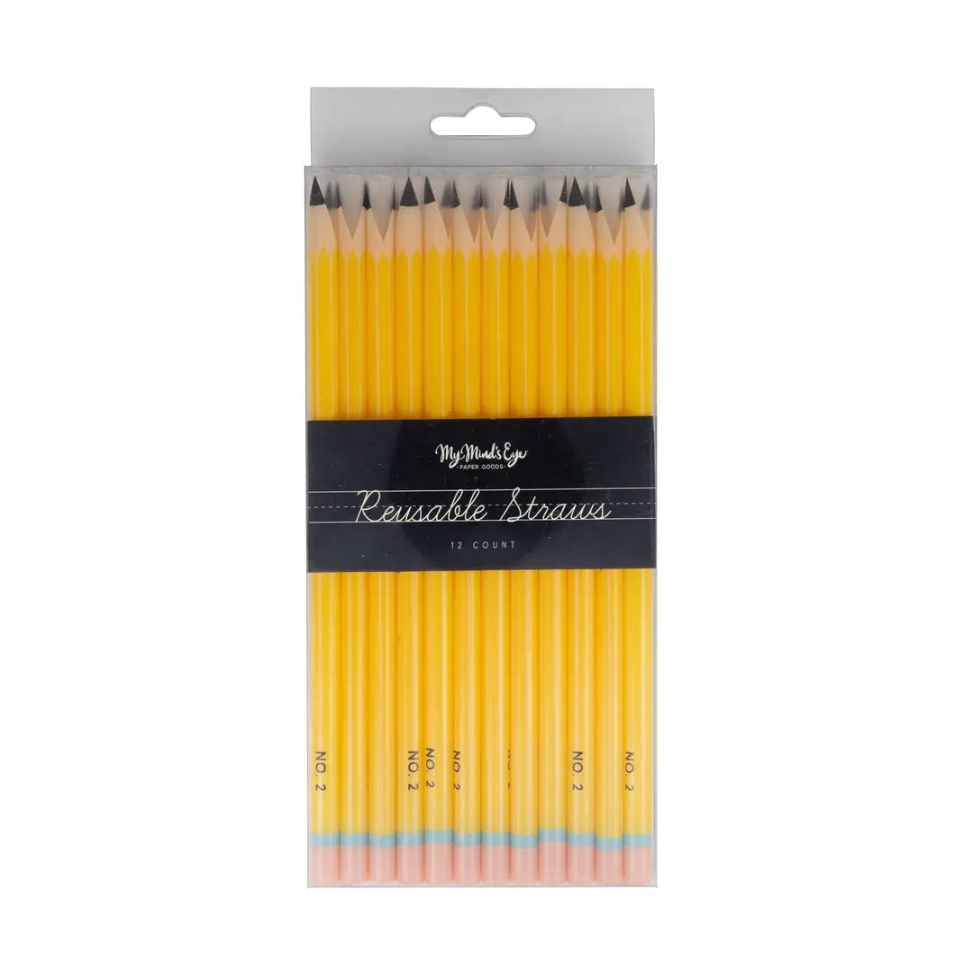 Pack of yellow straws with black ends in a clear package on a white background