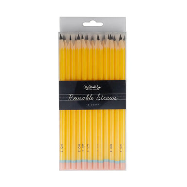 Pack of yellow straws with black ends in a clear package on a white background