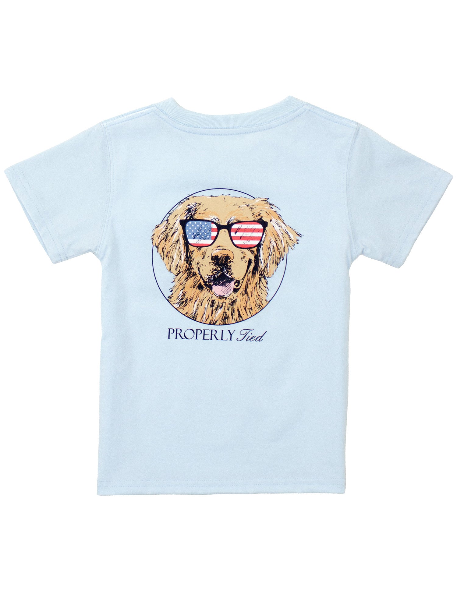 Light blue t-shirt with a dog graphic and text on a white background
