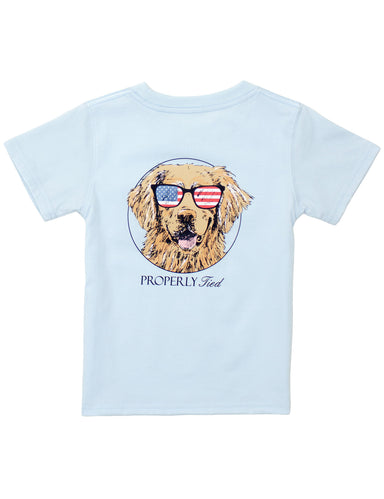 Light blue t-shirt with a dog graphic and text on a white background