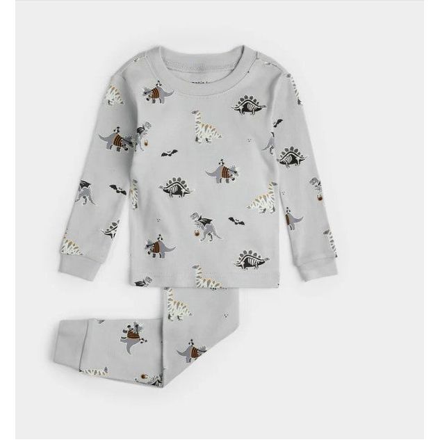 grey two piece lounge wear set with dinosaurs with halloween costumes print