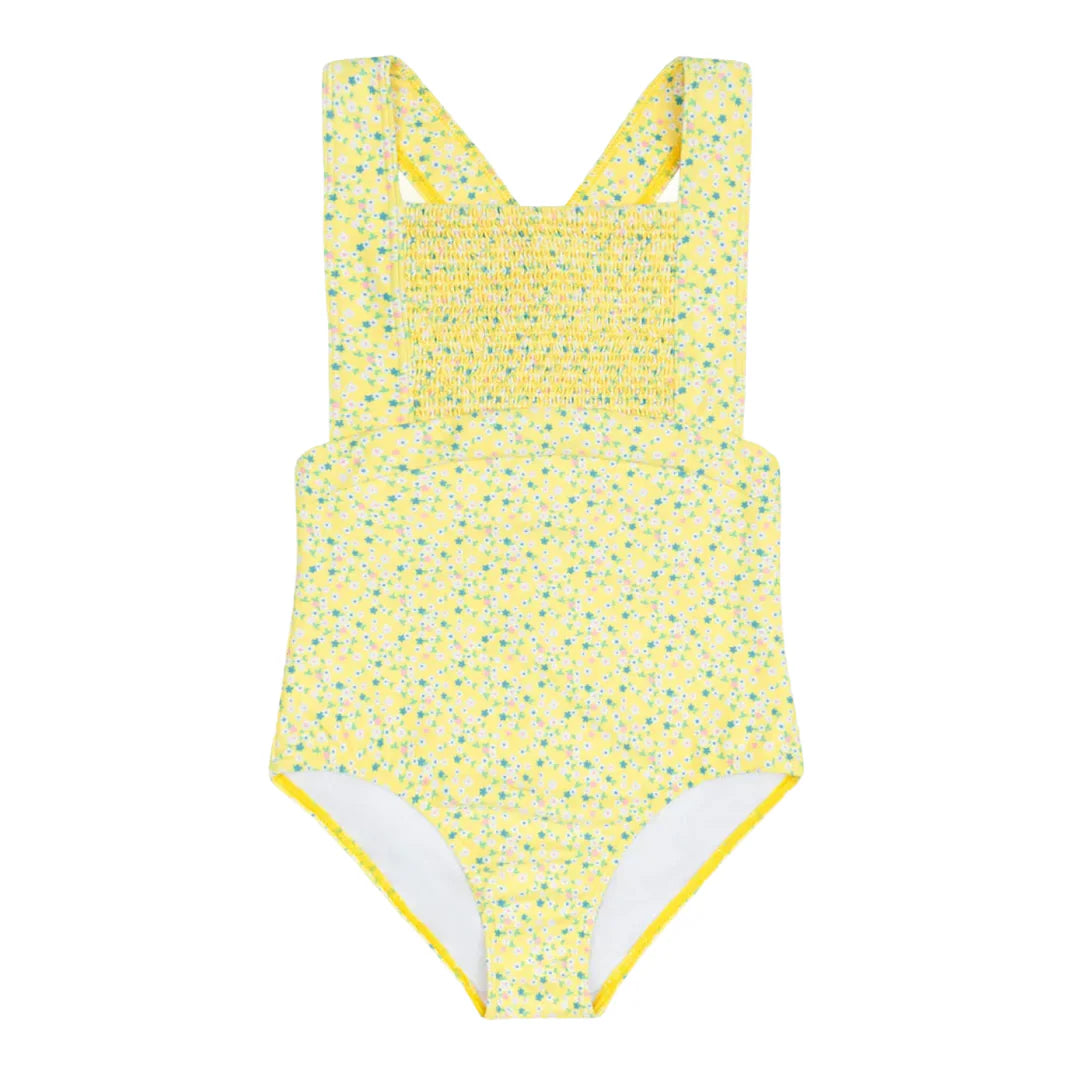 Yellow floral patterned swimsuit on a white background