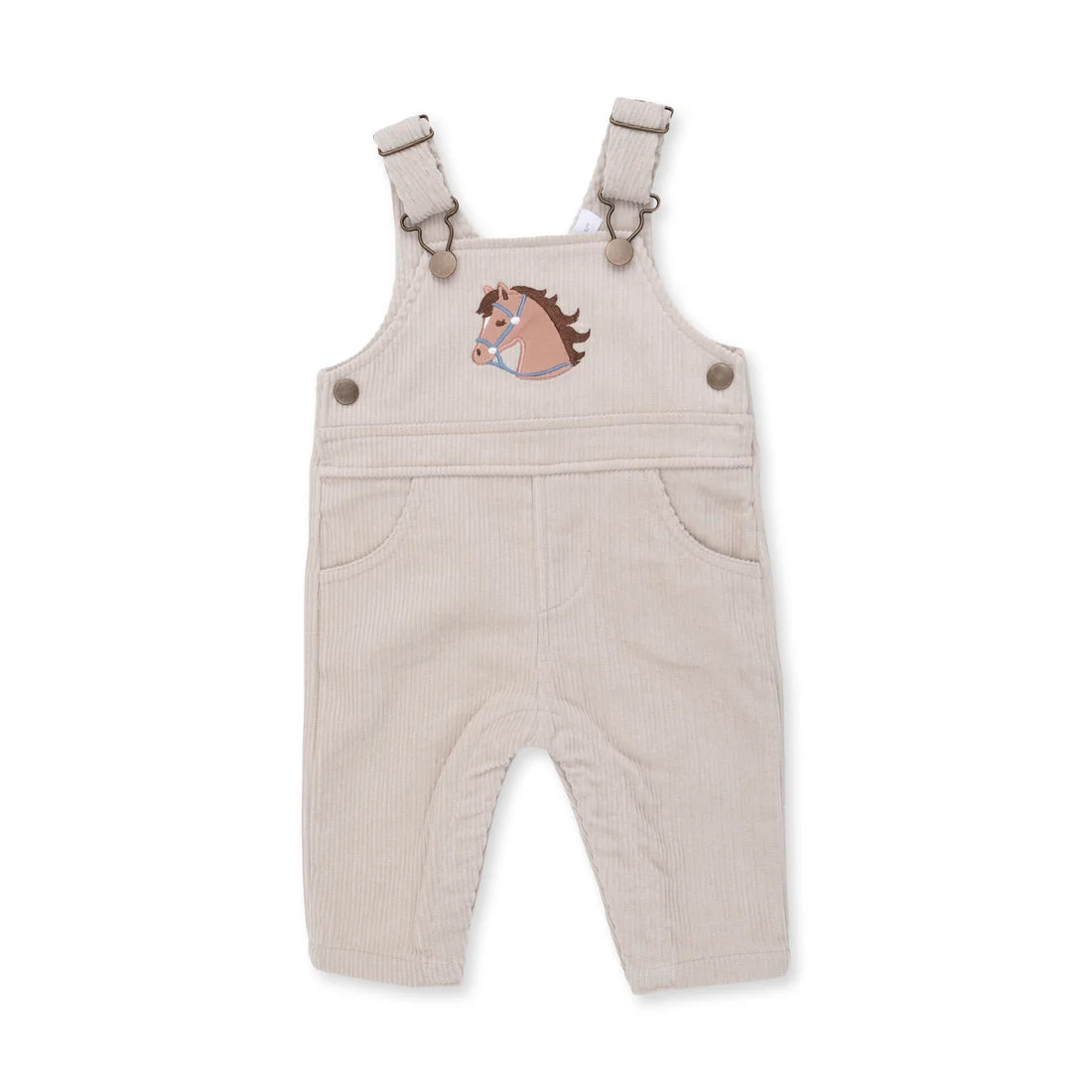 Beige baby overalls with a horse patch on a white background
