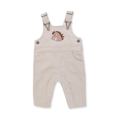 Beige baby overalls with a horse patch on a white background