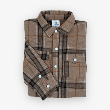 folded up view of brown and black plaid button down shacket with pearl snap buttons