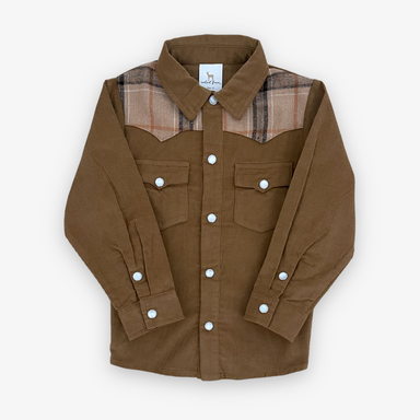 dark brown corduroy shacket with brown and black plaid shoulder panels and pearl snap buttons