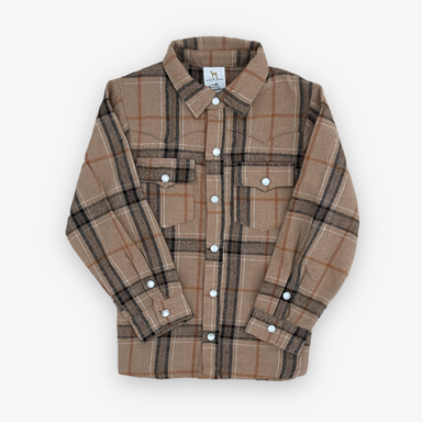 brown and black plaid button down shacket with pearl snap buttons