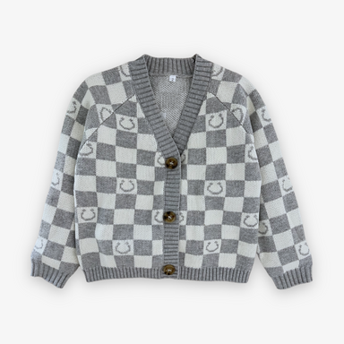 3 button grey and white checkered cardigan with horseshoes