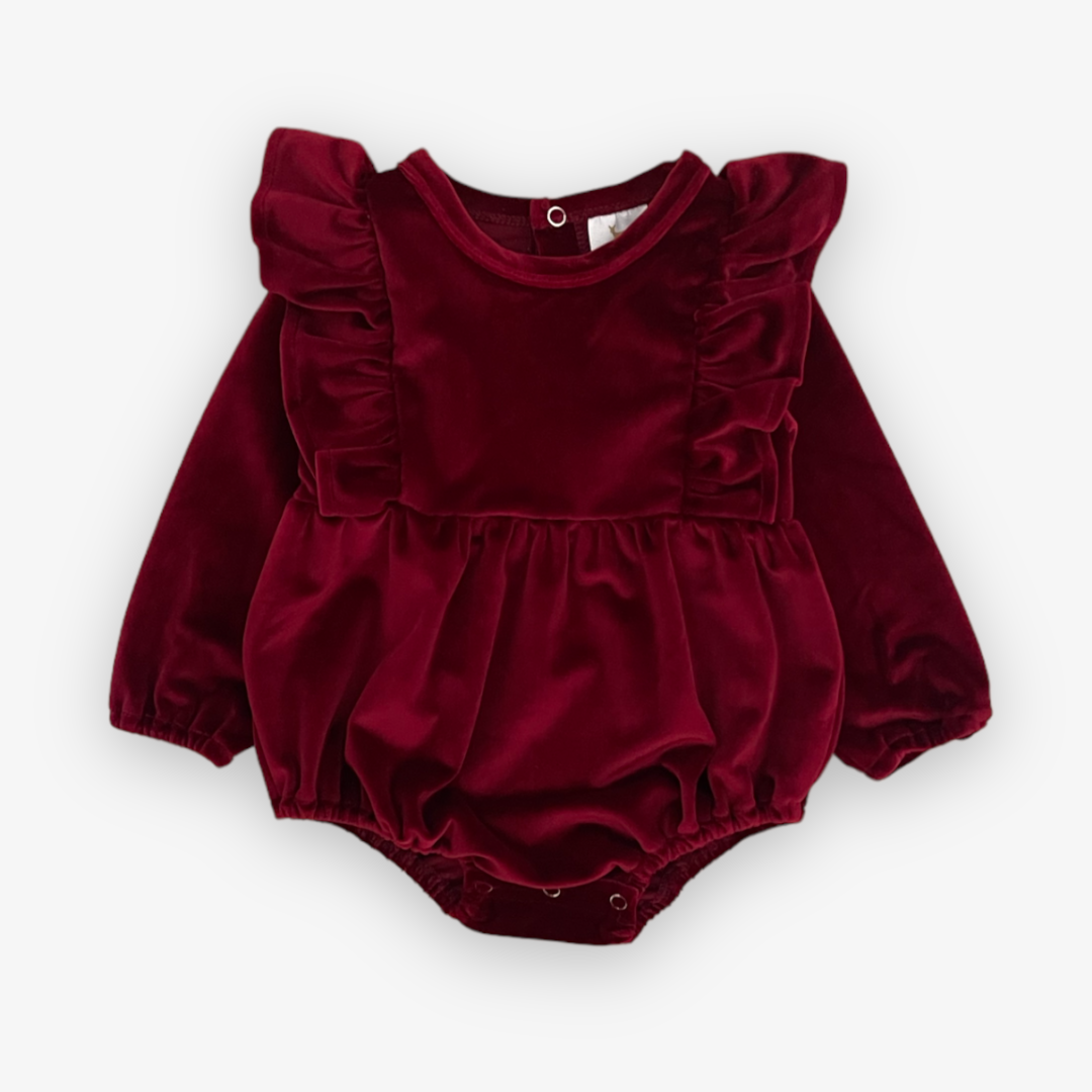 cranberry colored velvet long sleeve bubble with ruffle sleeve detail