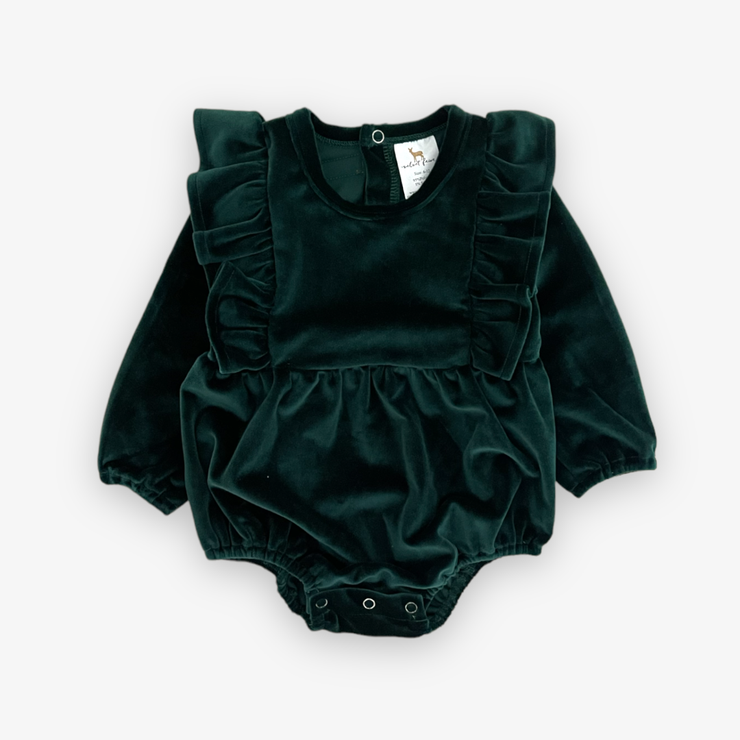 dark green colored velvet long sleeve bubble with ruffle sleeve detail