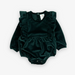 dark green colored velvet long sleeve bubble with ruffle sleeve detail