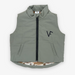 green colored zip up vest with "VF" on left chest and mallard meadow print on interior