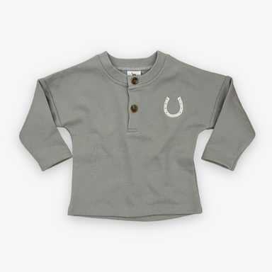 grey long sleeve henley with horseshoe embroidered on left chest