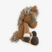 side view of brown and white stuffed animal horse lovie with green bridle