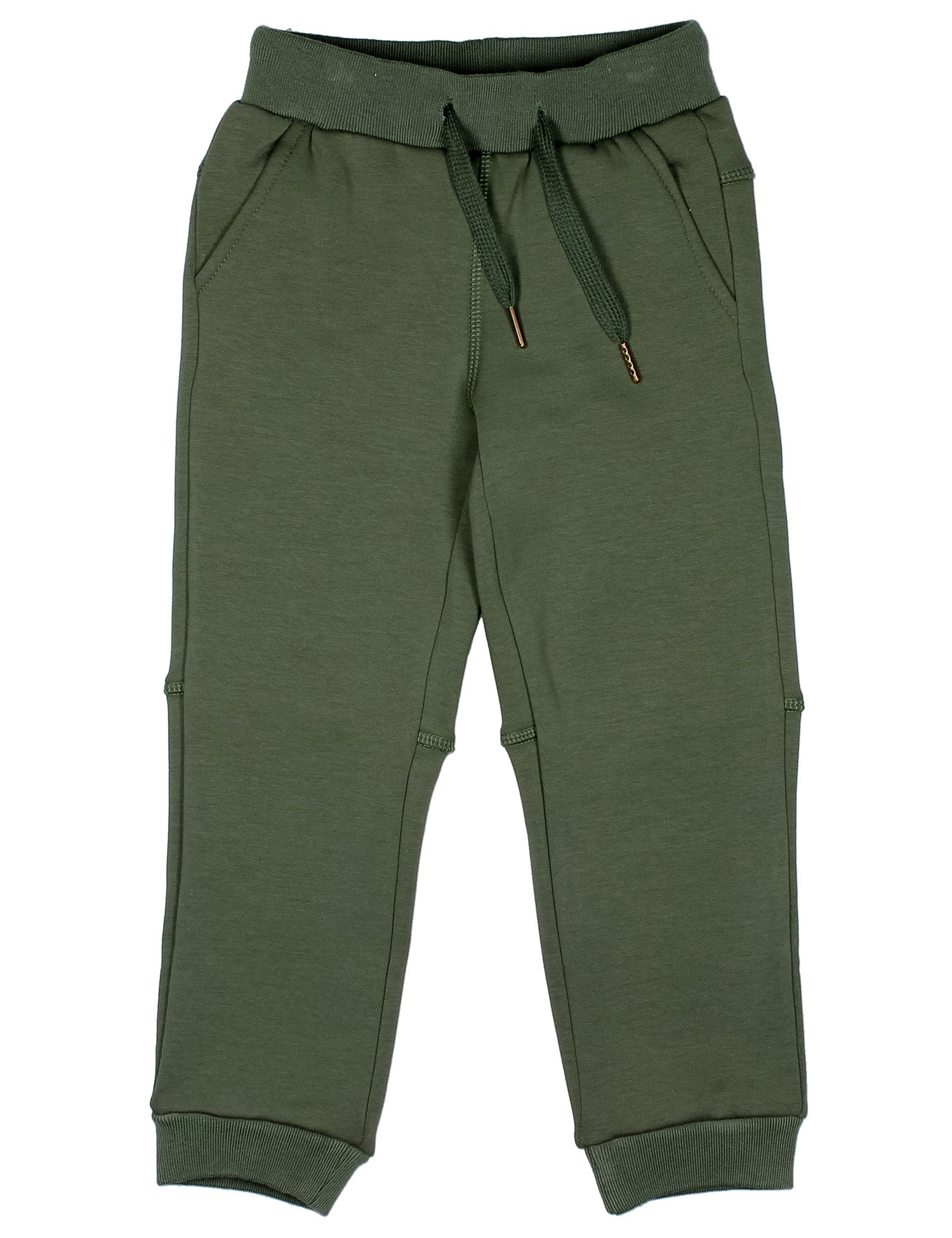 Olive green sweatpants with an elastic waistband, matching drawstrings, and ribbed ankle cuffs, shown flat on a white background.