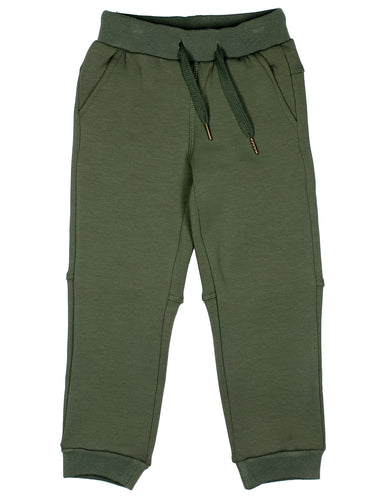 Olive green sweatpants with an elastic waistband, matching drawstrings, and ribbed ankle cuffs, shown flat on a white background.