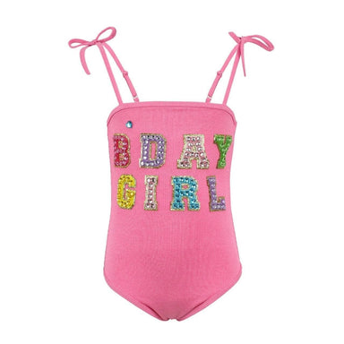 Pink swimsuit with 'B-Day Girl' text on a white background