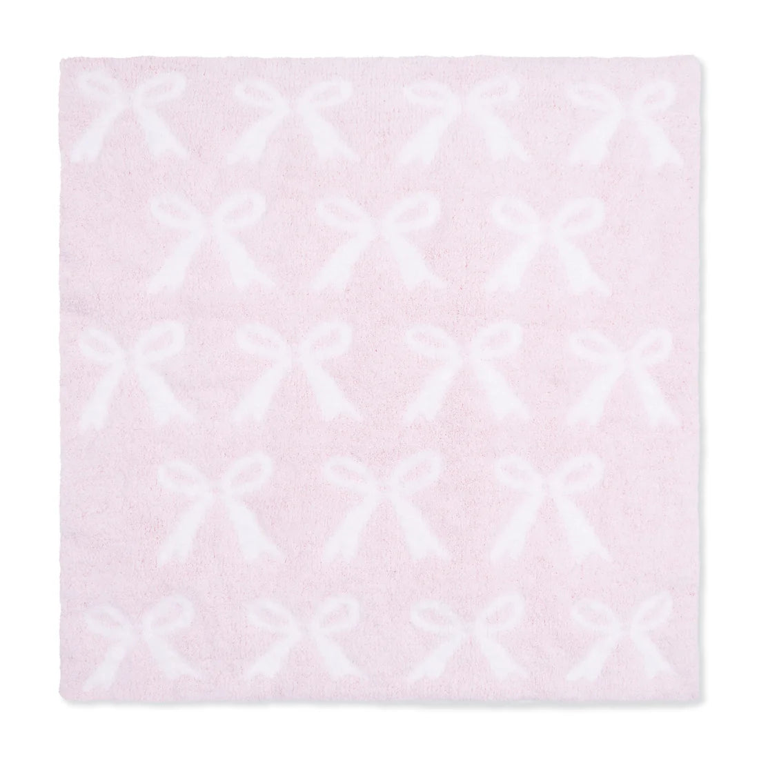 Soft pink chenille receiving blanket with a repeating white bow pattern from Angel Dear for cozy baby snuggles