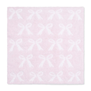 Soft pink chenille receiving blanket with a repeating white bow pattern from Angel Dear for cozy baby snuggles
