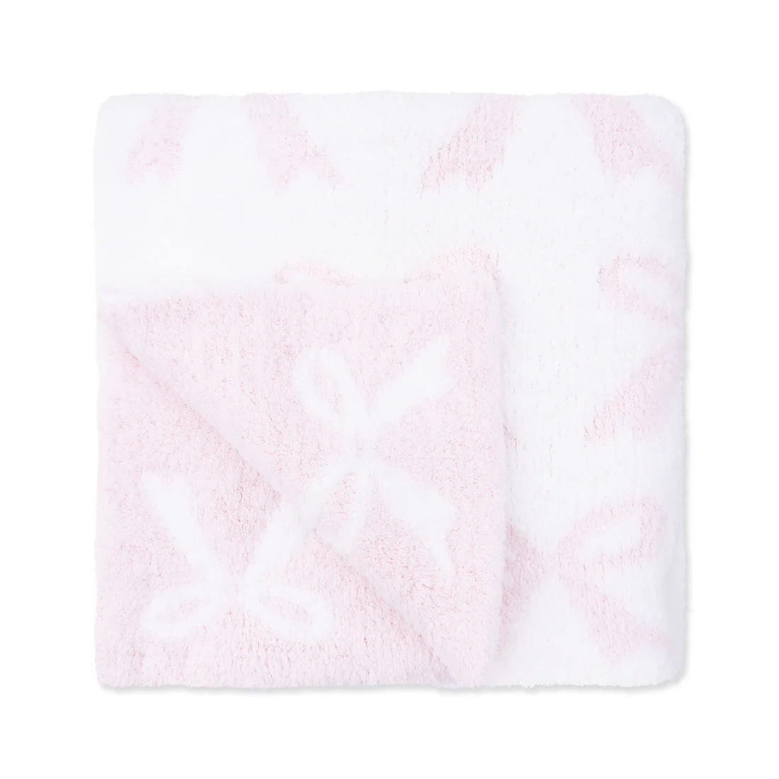 Soft pink and white chenille receiving blanket with a subtle bow pattern by Angel Dear for cozy baby comfort
