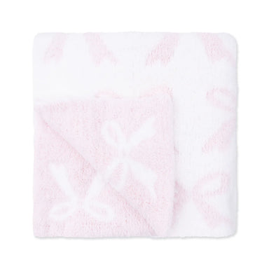 Soft pink and white chenille receiving blanket with a subtle bow pattern by Angel Dear for cozy baby comfort
