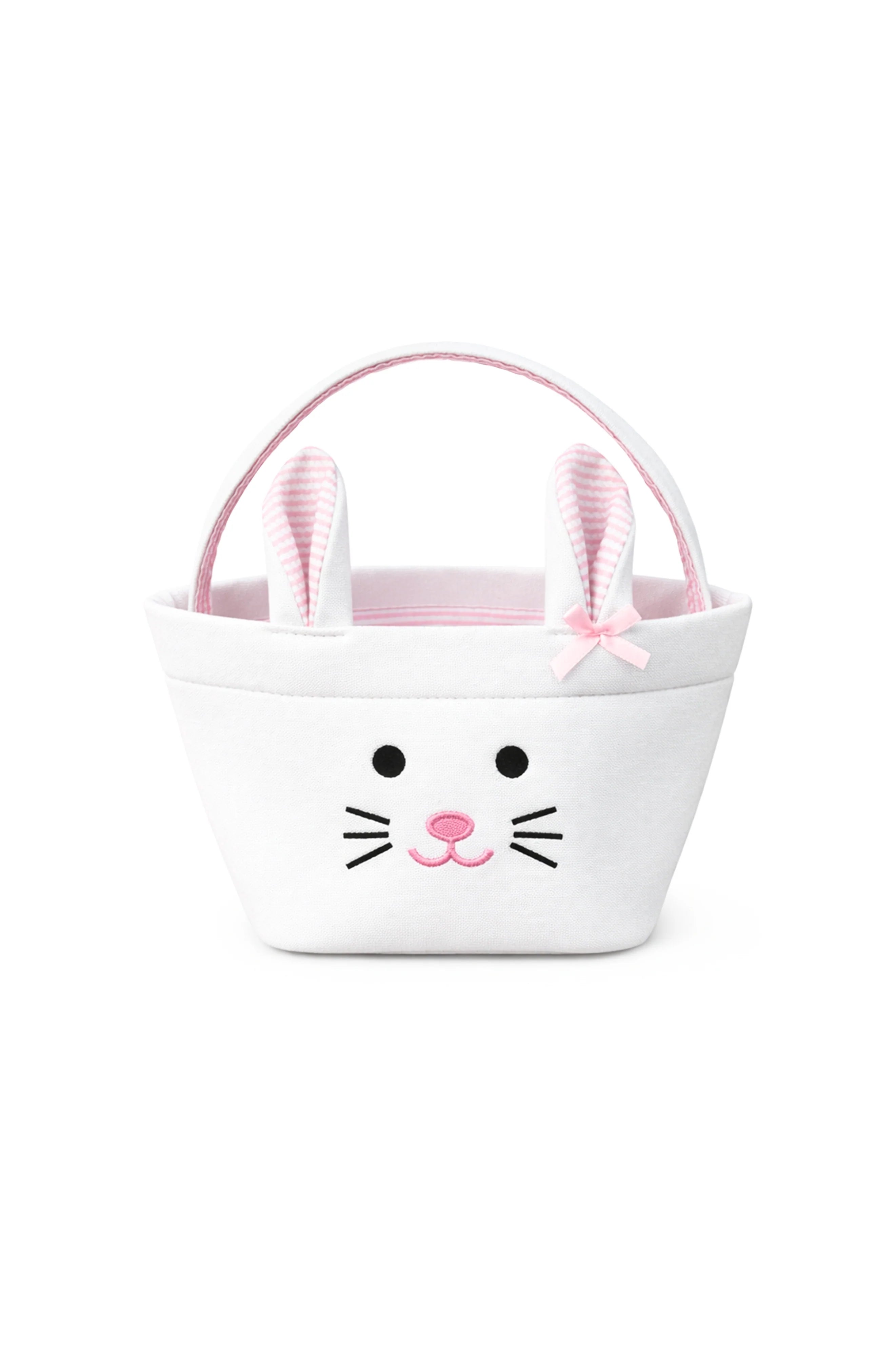 White bunny face basket with pink ears on a white background