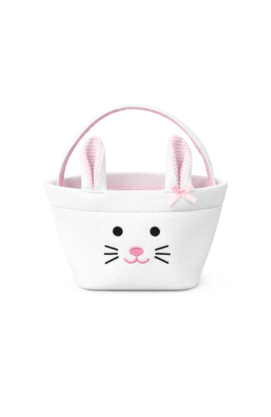 White bunny face basket with pink ears on a white background
