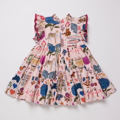 A pink tiered babydoll dress with a whimsical multicolor print of animals, flowers, and butterflies, featuring ruffled cap sleeves and a smocked bodice, laid flat on a light gray background.