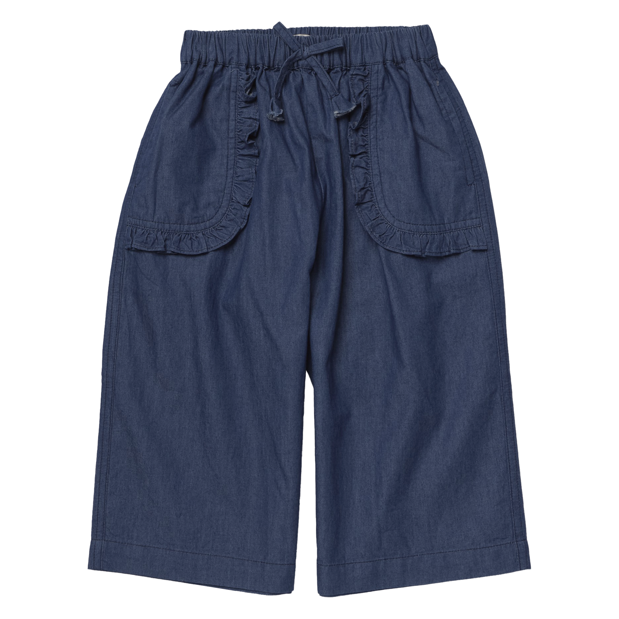 A pair of dark blue denim pants with an elastic drawstring waist, ruffled details on the front pockets, and a relaxed straight-leg fit, shown against a plain white background.