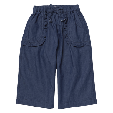 A pair of dark blue denim pants with an elastic drawstring waist, ruffled details on the front pockets, and a relaxed straight-leg fit, shown against a plain white background.