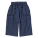 A pair of dark blue denim pants with an elastic drawstring waist, ruffled details on the front pockets, and a relaxed straight-leg fit, shown against a plain white background.