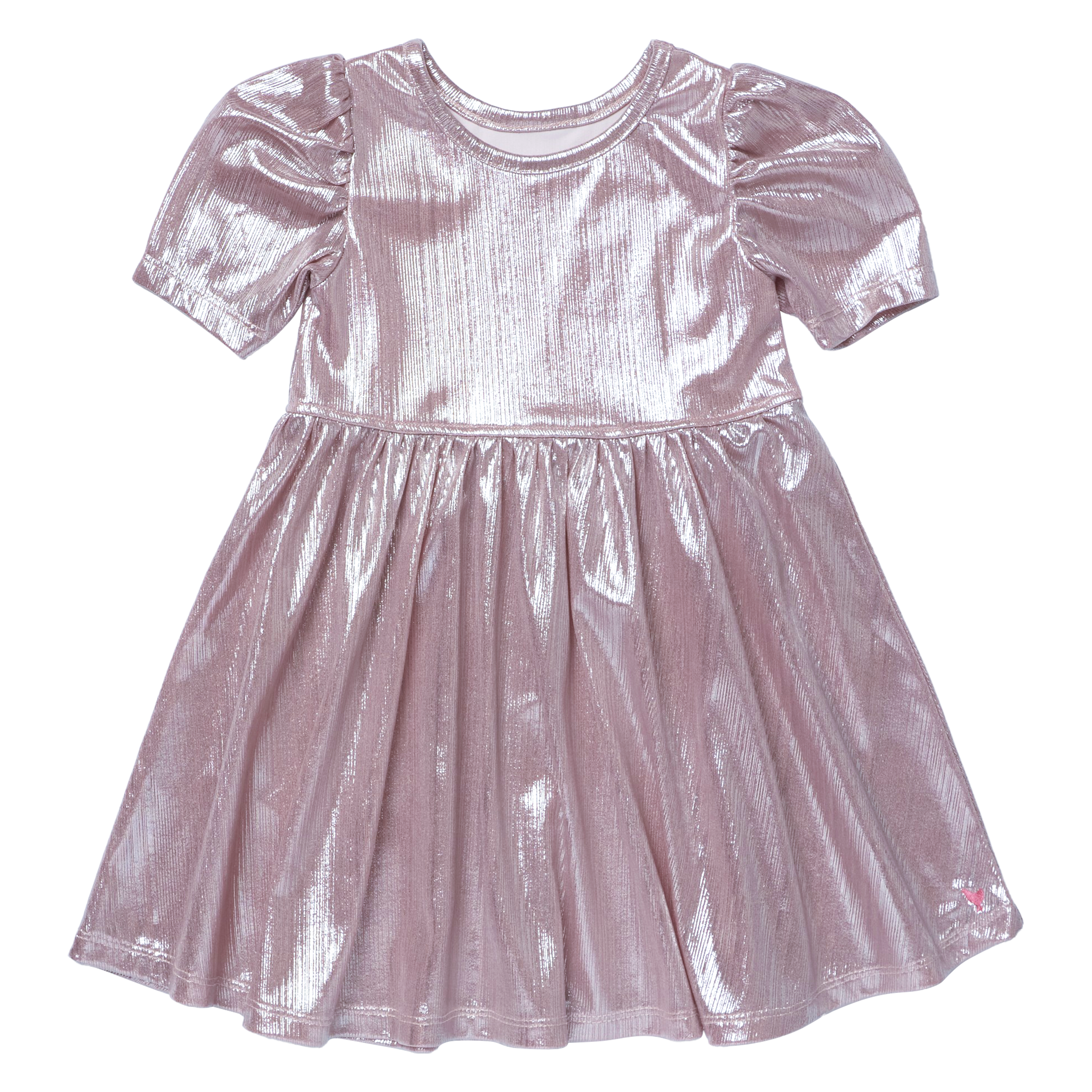 A shiny metallic pink short-sleeve dress for girls, featuring a gathered bodice and a flared skirt, shown against a plain white background.