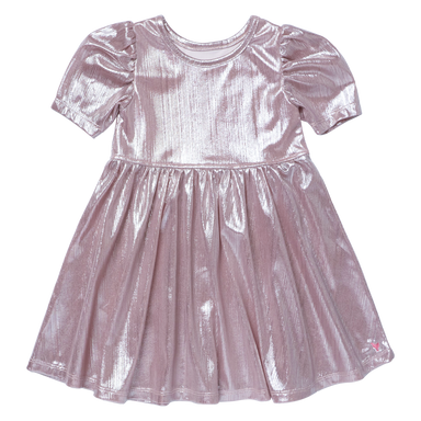 A shiny metallic pink short-sleeve dress for girls, featuring a gathered bodice and a flared skirt, shown against a plain white background.