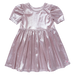 A shiny metallic pink short-sleeve dress for girls, featuring a gathered bodice and a flared skirt, shown against a plain white background.
