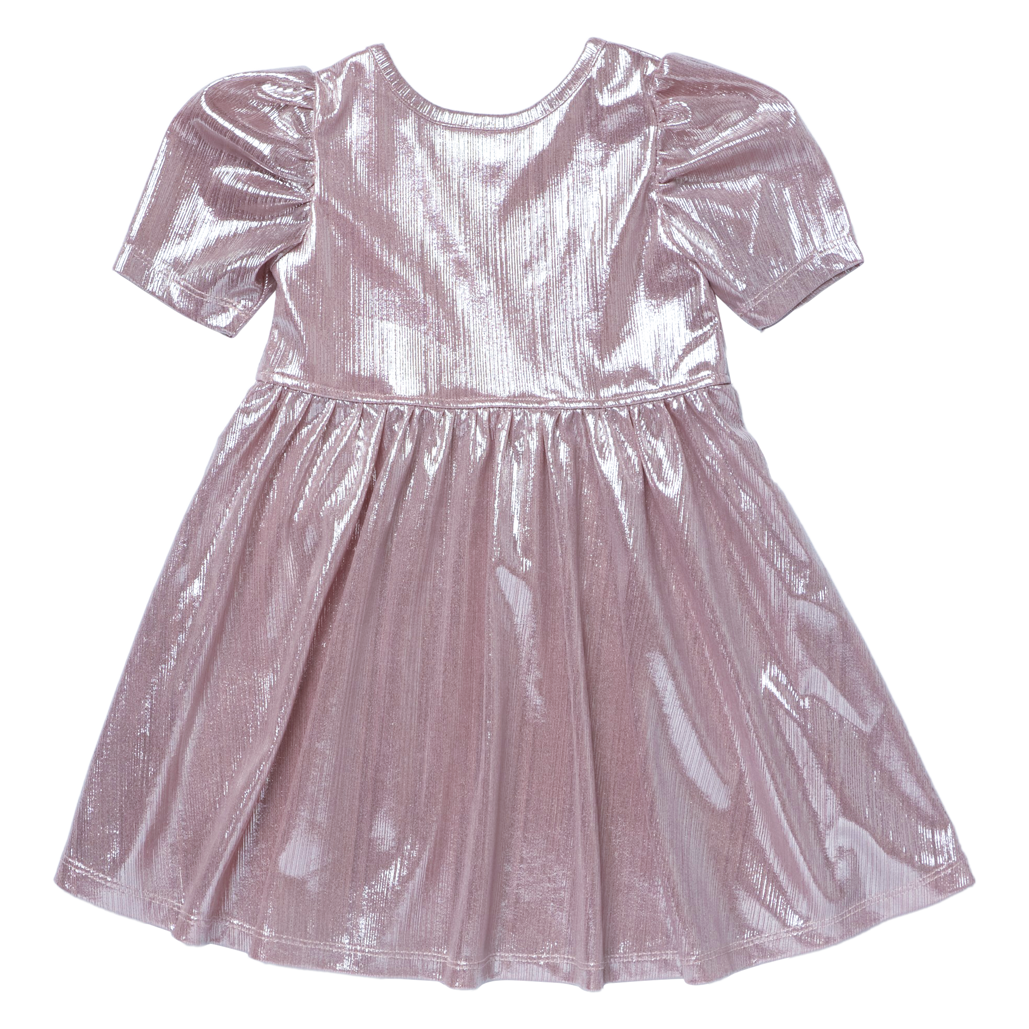 A shiny metallic pink short-sleeve dress with puffed sleeves and a gathered skirt, shown against a plain white background.