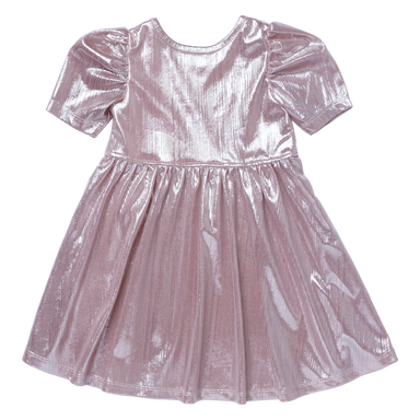 A shiny metallic pink short-sleeve dress with puffed sleeves and a gathered skirt, shown against a plain white background.