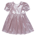 A shiny metallic pink short-sleeve dress with puffed sleeves and a gathered skirt, shown against a plain white background.